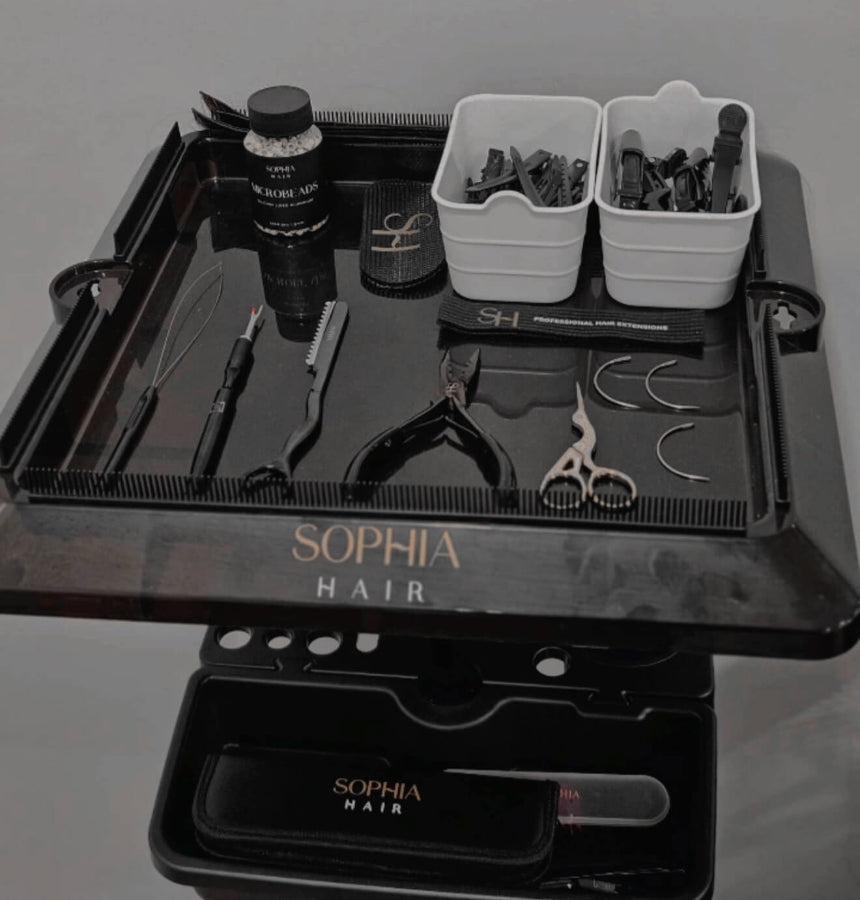 Sophia Hair Extension tools on hair extensions trolley